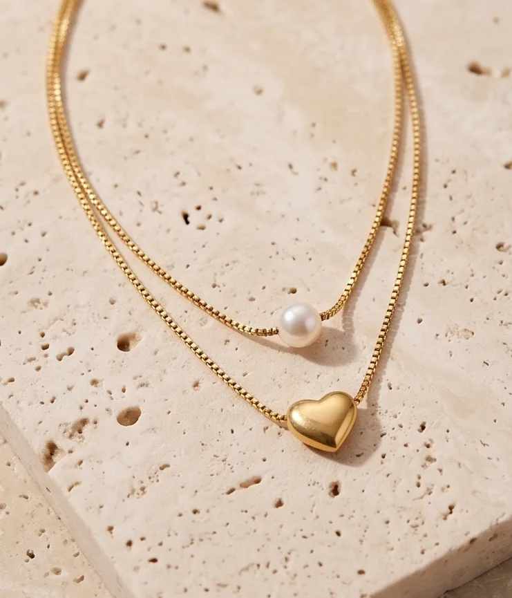 Premium Double-Layer Heart & Pearl Pendant Chain